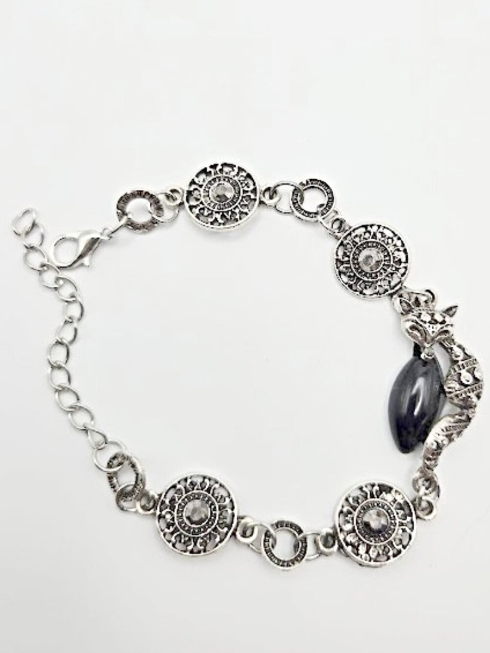 New, hematite and rhinestone accented fox bracelet. Measures 8 inches